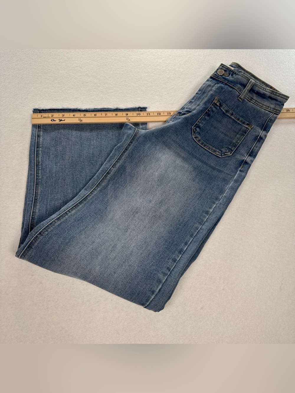 OAT New York Wide Leg Jeans Light Wash Raw Hem Patch Pockets Blue Size 4/27 - Picture 8 of 8